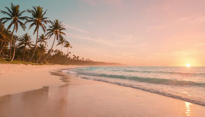 A tropical beach at sunrise with soft golden sunlight casting a warm glow over the sand and the turquoise waves gently lapping at the shore