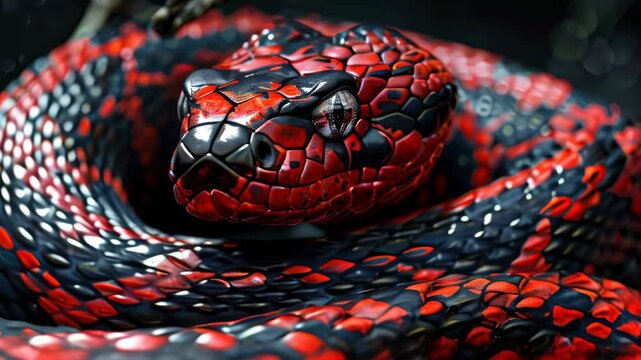 Close-up of a vividly colored snake coiled in a natural habitat showcasing its intricate scale patterns