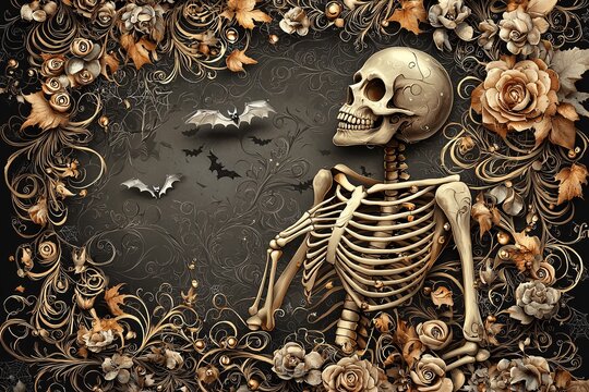 An Art Nouveau Halloween poster featuring an elegant skeleton with swirling, ornate details and bats in flight, offering ample copy space for text or design elements.
