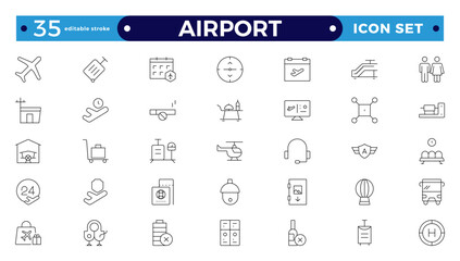 Airport Outline icon set. Contains linear outline icons like Plane, Ticket, Baggage, Seat, WIFI, Bag, Departure, Terminal, Passport, Transport, Luggage, and Airplane.  Editable stroke outline icon.
