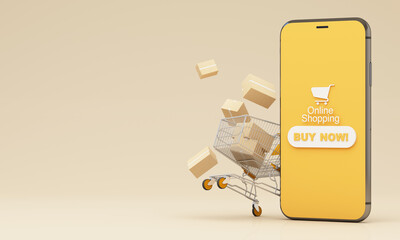 Parcel boxes, shopping carts, and smartphones were floating above the ground and all object on pastel color background for shopping online concept design, 3d rendering for advertising design