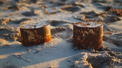 On a beach two rusted weights are sitting in the soft sand