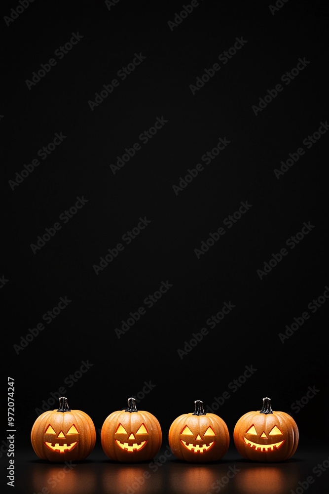 Poster neon glow-in-the-dark jack-o'-lanterns arranged in a row, casting a vibrant orange light against a b