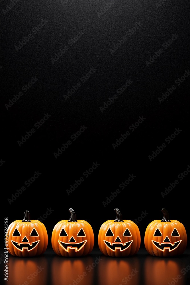 Poster neon glow-in-the-dark jack-o'-lanterns arranged in a row, casting a vibrant orange light against a b