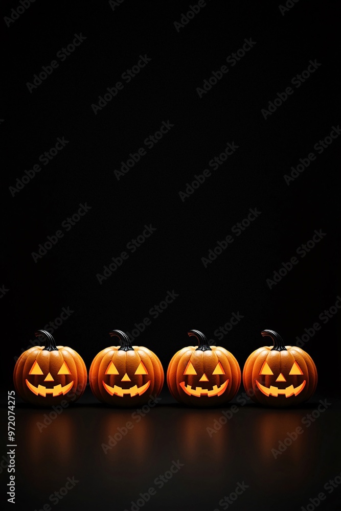 Poster neon glow-in-the-dark jack-o'-lanterns arranged in a row, casting a vibrant orange light against a b