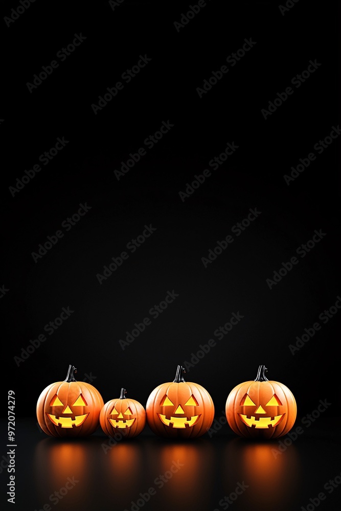 Poster neon glow-in-the-dark jack-o'-lanterns arranged in a row, casting a vibrant orange light against a b