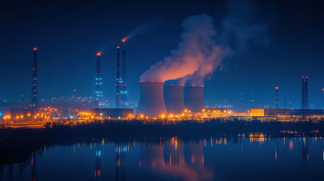 Night shot of a large nuclear power plant close to a river with blue night sky.