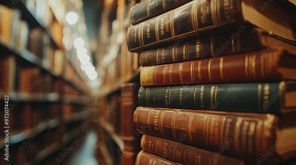 Wall mural A stack of books neatly arranged in a library, surrounded by shelves filled with volumes, creating an atmosphere of knowledge and exploration.