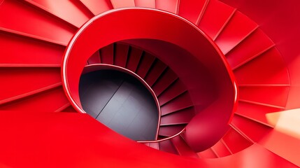A red-painted staircase, showcasing an abstract fragment of urban architecture within a modern luxury building, such as a center, hotel, shopping mall, or business center. 