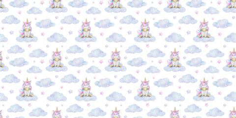 Fairy tale unicorns sit on clouds, stars. Watercolor nursery seamless pattern. Cute baby print for kid's goods, clothes, wallpaper, textiles, scrapbooking, baby shower and children's room