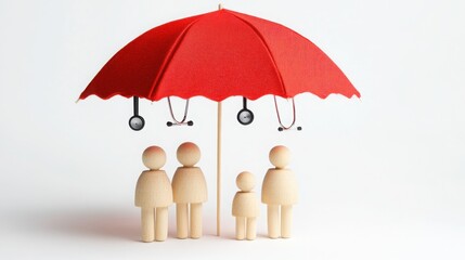 Family Under Red Umbrella with Health Protection Concept