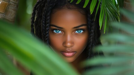 Naklejka premium Close-up Portrait of a Woman with Braided Hair and Bright Blue Eyes, Framed by Lush Green Tropical Leaves, Radiating Natural Beauty and Serenity in a Nature-Inspired Setting