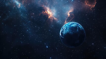 Obraz premium A stunning view of Earth from space, surrounded by a vast expanse of stars and nebulae. The planet appears blue and green, with clouds swirling around it.