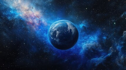 Obraz premium A blue planet with white clouds surrounded by a nebula, stars and cosmic dust.