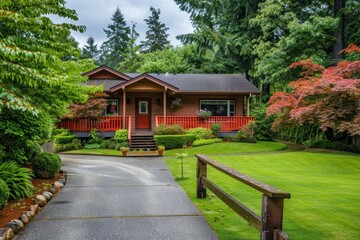 Obraz premium Small Single Family Home in the Pacific Northwest with Wooden Deck, Red Fence, Lush Green Grass, and Large Backyard