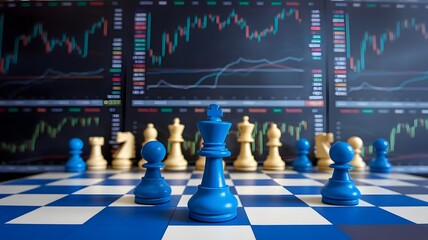 Online Market Chess Strategy, Blue Yellow Pieces on Trading Board with Charts