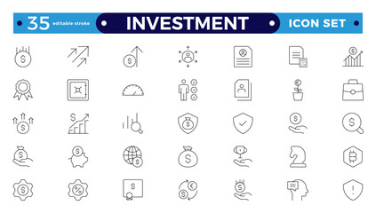 Set of  Outline icons related to investment, investor, risk management, economy, financial gain, money, coins symbols. Editable stroke outline icon.