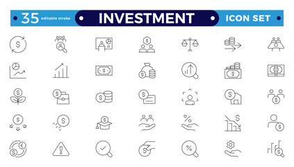 Set of  Outline icons related to investment, investor, risk management, economy, financial gain, money, coins symbols. Editable stroke outline icon.