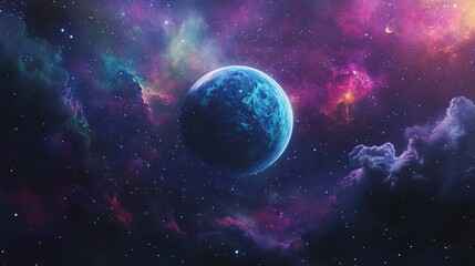 Naklejka premium A blue planet with swirling clouds against a backdrop of stars and nebulae, with pink and purple hues.