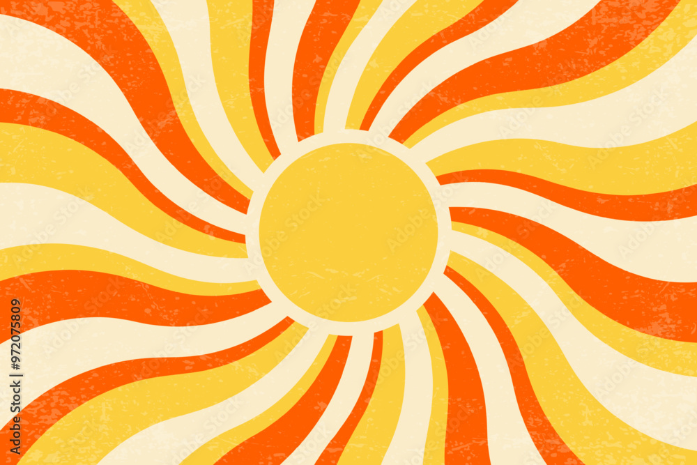 Poster sunrays retro background. vector summer 70s poster. abstract groovy design with grunge texture. old 