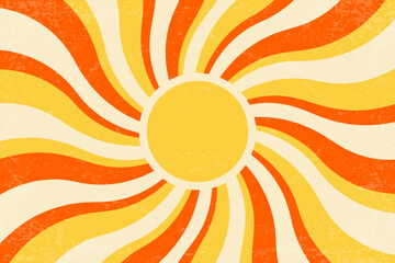 Sunrays retro background. Vector summer 70s poster. Abstract groovy design with grunge texture. Old paper banner with orange spiral beams on yellow backdrop.