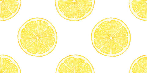 Fototapeta premium Juicy lemon slices. Hand drawn watercolor seamless pattern. Print of Tropical citrus fruits. Background for menu, package, cosmetic, textile, cards