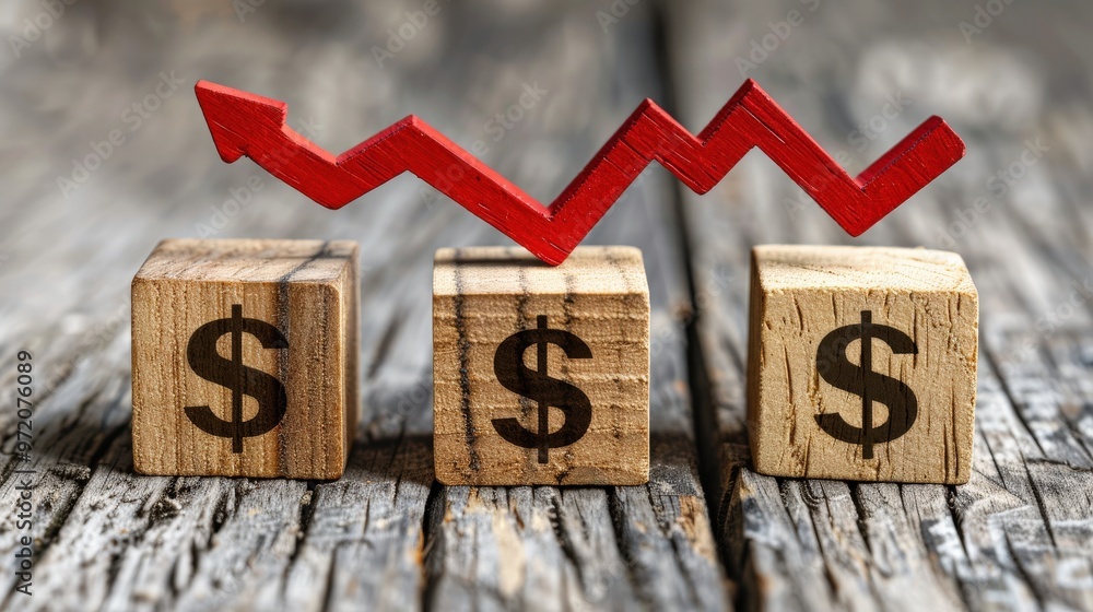 Poster three wooden blocks with dollar symbols arranged in a row, with a red arrow zigzagging above them. t