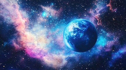 A vibrant and colorful nebula surrounds a blue planet in the vast expanse of space.