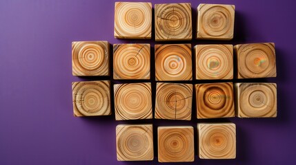 Wooden blocks with intricate ring patterns arranged neatly on a purple surface. The natural circular patterns contrast with the vibrant purple background, representing organization