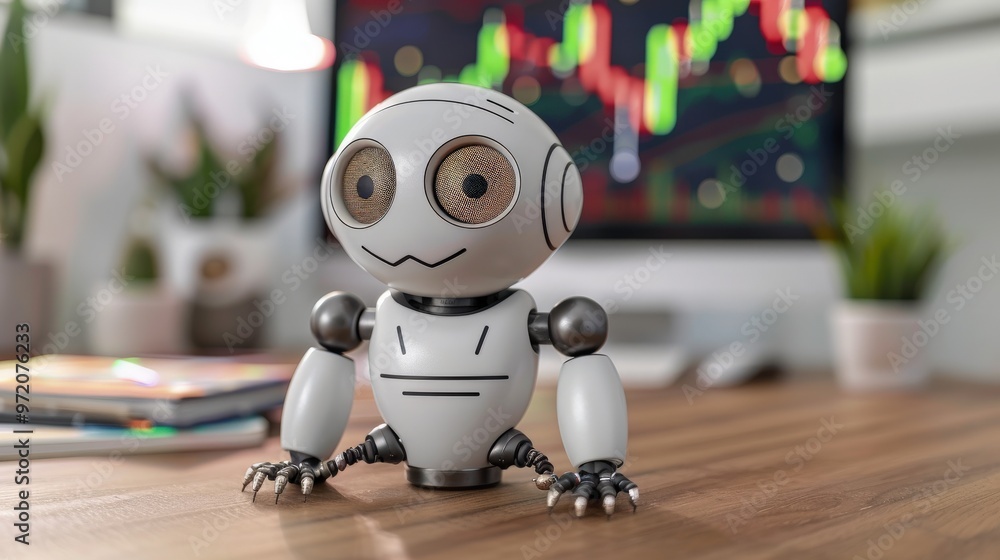 Poster cute robot sitting on a wooden desk with stock market graphs displayed on screen in background. robo