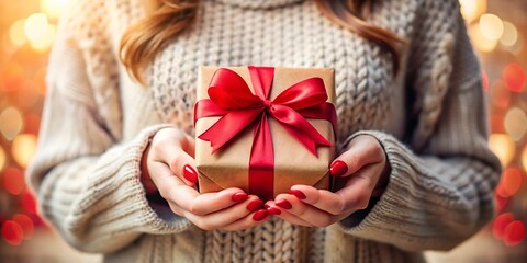 close up of female hands holding a gift for valentine day