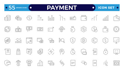 Payment outline icon set. Business and finance payment collection with money, banking, credit card, exchange, cash, and transaction icon. Editable stroke outline icon.
