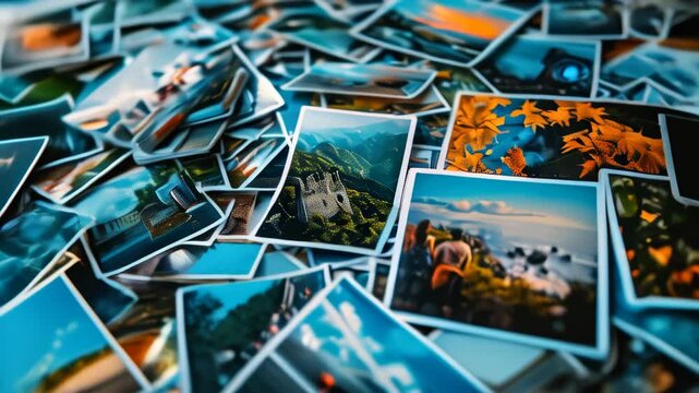 Exploring a collection of diverse landscapes and historical sites captured in vibrant photographs scattered on a table