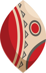 Stylized depiction of a traditional african tribal shield, featuring bold red and beige colors and geometric patterns, evoking the spirit of a warrior