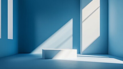 Fototapeta premium Abstract geometry studio scene with shadow and light. Blue background for luxury product display showroom mockup. Minimal interior aesthetic with empty space, geometric line, square, corner backdrop 