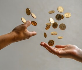 Financial freedom or control concepts image. Hands throwing of catching gold coins on the moody background.
