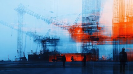 Abstract view of a port with cranes, containers, and workers in the foreground, with a digital glitch effect.