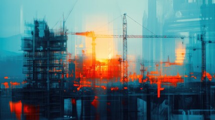 A double exposure image of a city skyline with cranes and construction in the foreground and a sunset in the background.