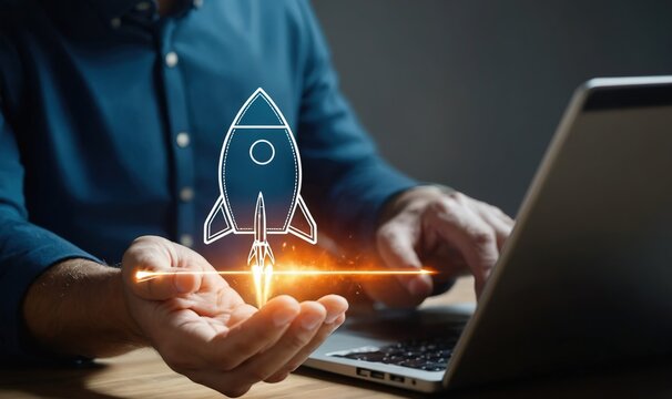 concept for a startup firm, To quickly launch their business, entrepreneurs utilise laptops with virtual screens that display rocket icons and up arrows. Business success and strategic planning