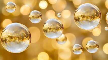Golden Cosmetics Bubbles, Abstract Molecular Motion in Luxe Fluid