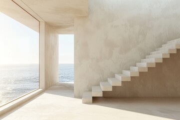 Obraz premium Empty Room with Light Concrete Walls, White Floor, Ocean View Window, Soft Beige Wall, and Staircase, Conveying Tranquility and Minimalism