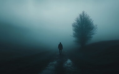 Foggy panorama, dark and somber scene representing depression and loneliness, isolated figure, deep shadows, emotional and haunting atmosphere