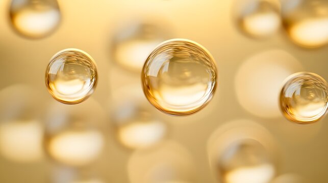 Golden Cosmetics Bubbles, Abstract Molecular Motion in Luxe Fluid