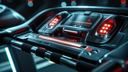 Naklejka premium Treadmill: A cardio machine for walking, jogging, or running in place, featuring adjustable speeds, incline settings, and heart rate monitoring for an optimal workout. 