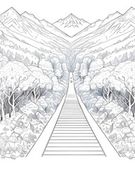Fototapeta premium A drawing of a path going through a forest with a mountain in the background.