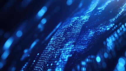 Abstract blue digital background with glowing particles and bokeh effect.