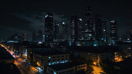 Fototapeta premium A dark urban landscape at night, with shadowy skyscrapers