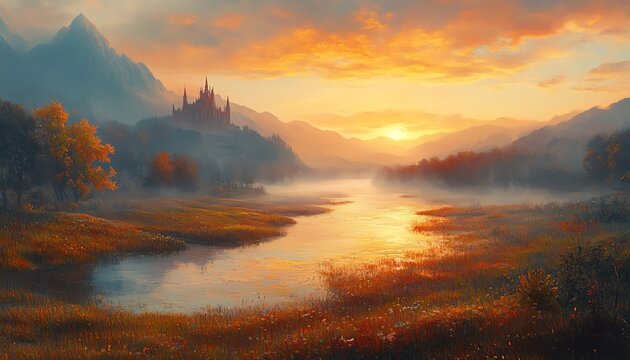 Grassy hill at sunrise overlooking a swampy river, early fall, Dungeons and Dragons background, oil painting style, misty and warm atmosphere, rich fantasy landscape