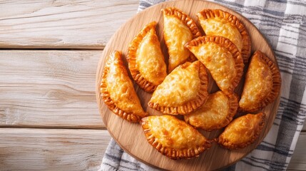 A plate of golden-brown baked empanadas arranged in a circle on a wooden board over a rustic tablecloth.