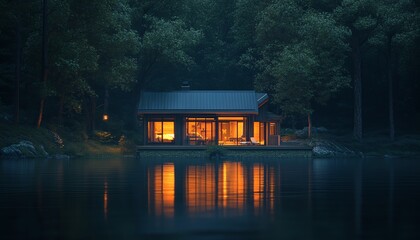 Nighttime view of a cozy cabin by the lake, warm dim lights inside, unexpected elements in the cabin, peaceful and charming ambiance